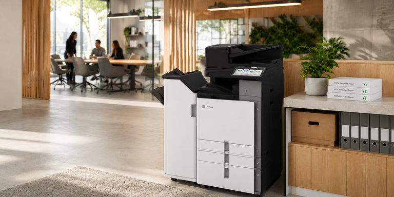 Modern office printer with recycled paper and plant, representing sustainable printing and printer lifecycle planning.